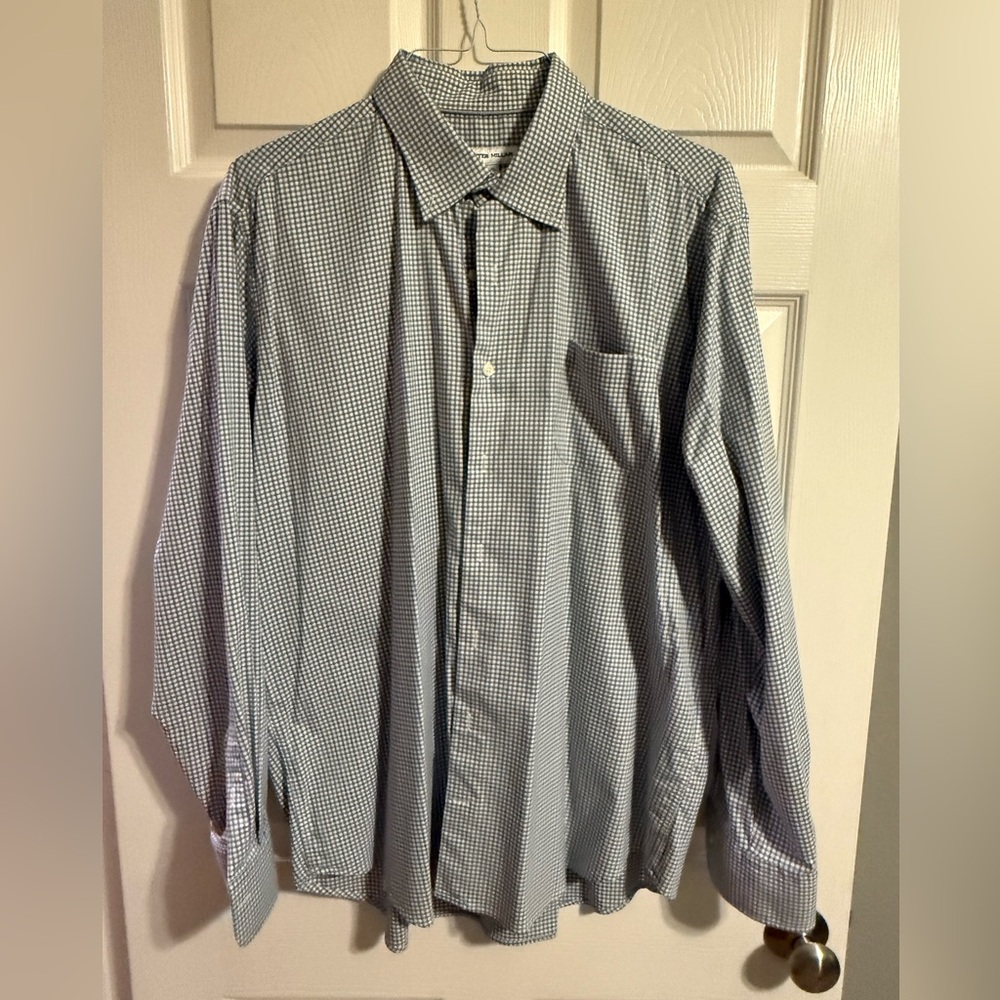 Peter Millar Soft Button-Down Shirt, White/Light Blue/Olive Green, XL, EUC